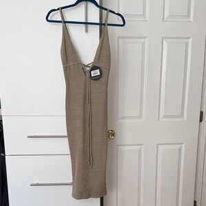 White Fox Boutique Taupe Knit Midi Dress with Spaghetti Straps